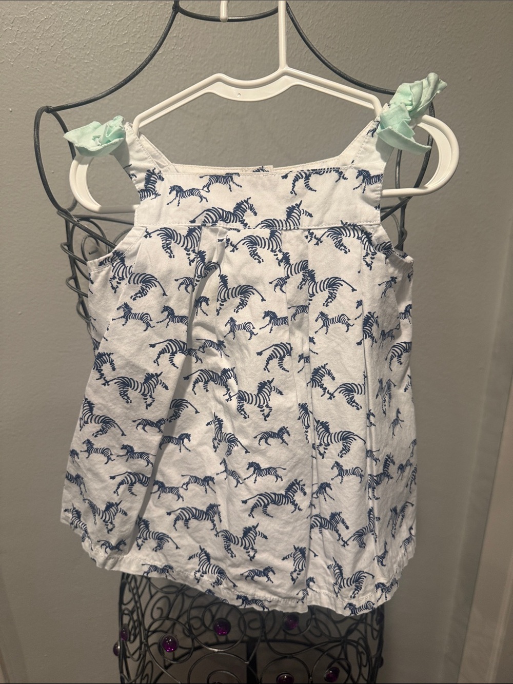 Gymboree White Tank Top with Navy Zebra Print and Mint Tie Straps